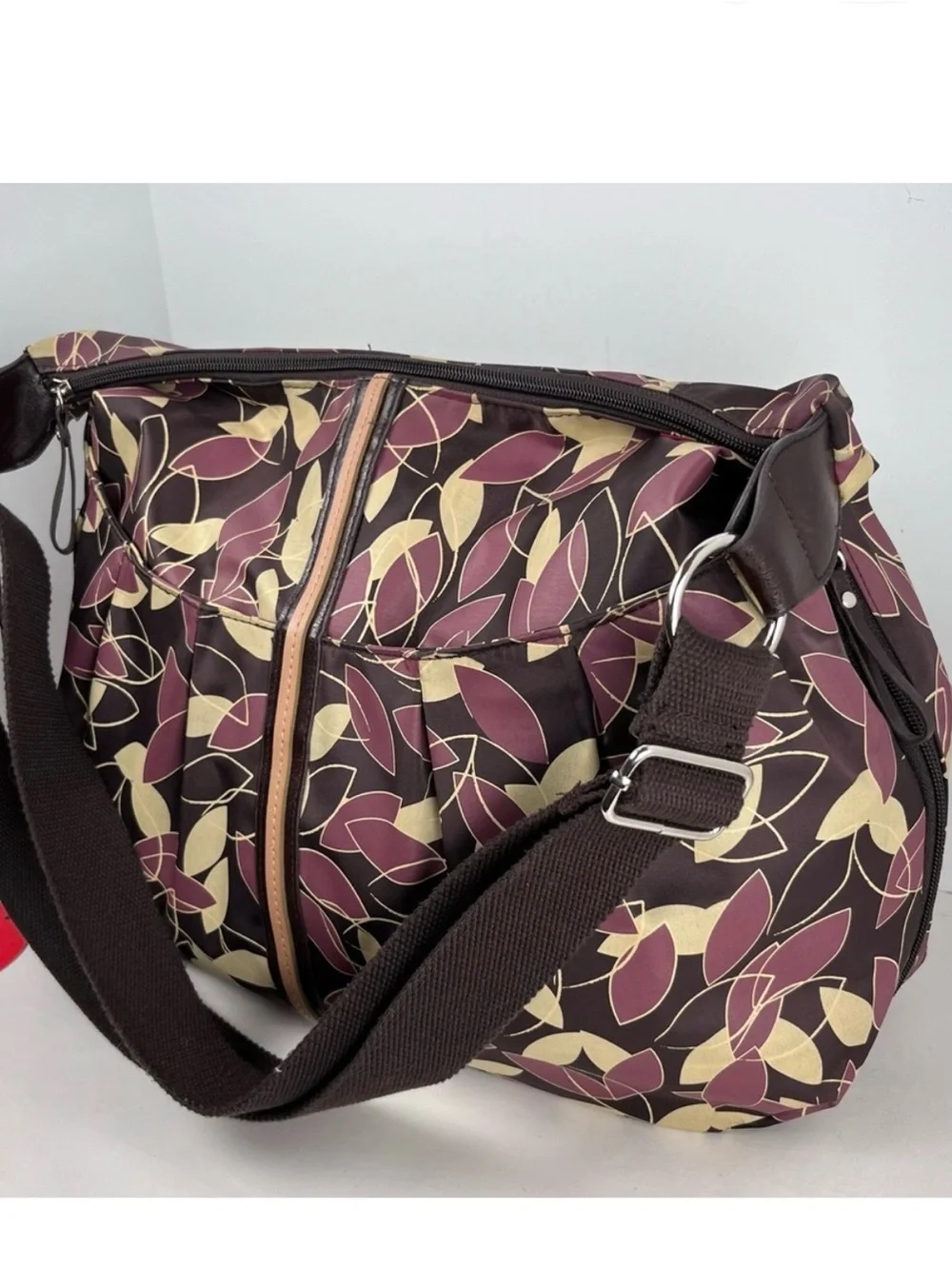 Babymel Brown Diaper Bag with Yellow and Burgundy Leaf Print